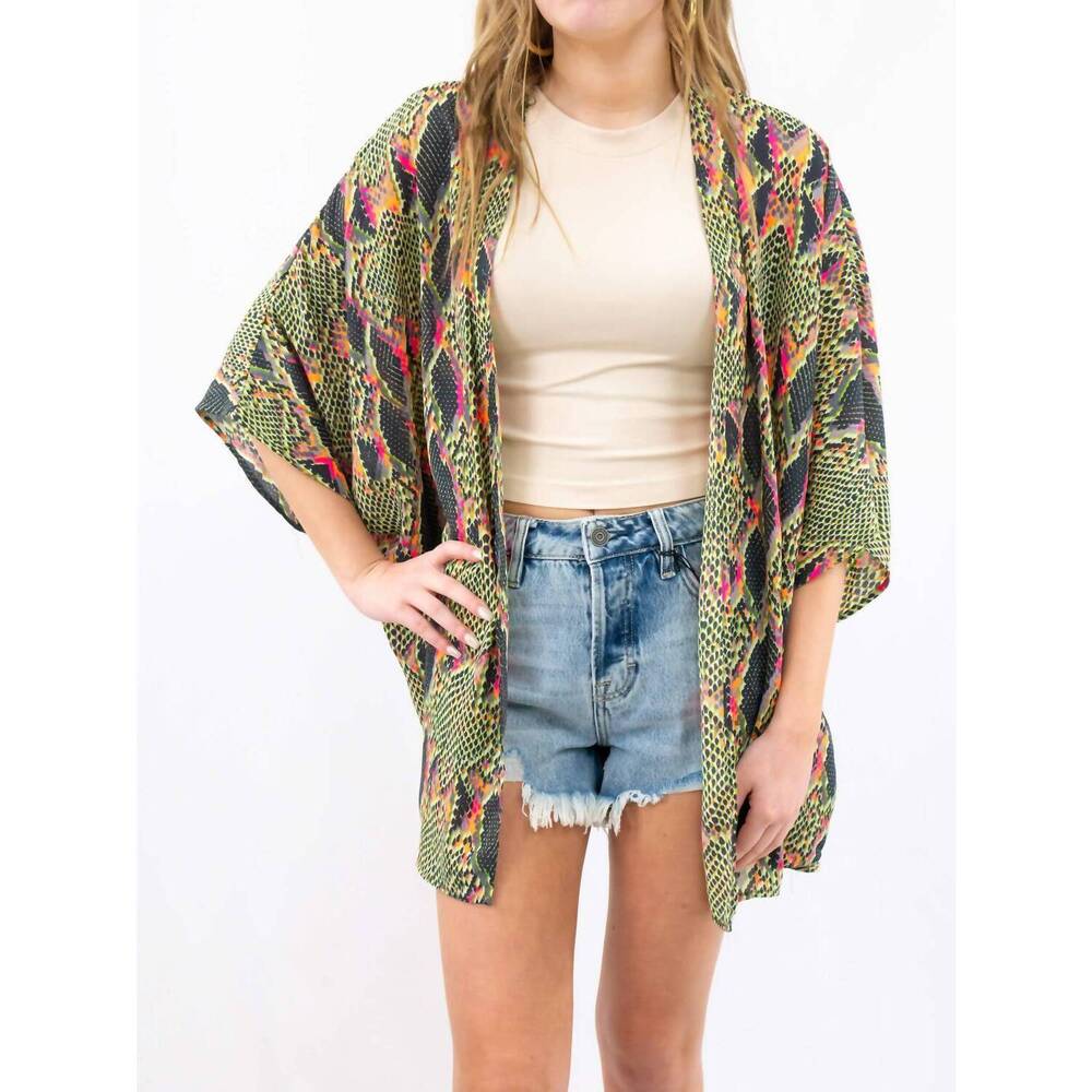NEW ADRIENNE snake print neon kimono in green
